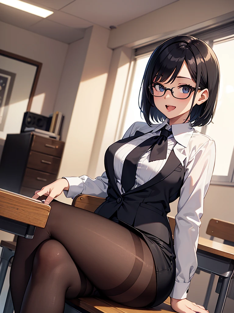 masterpiece, best quality, high definition images, atmospheric perspective, expressive eyes, perfect face, ultra detailed, solo, 1mature seductive woman sitting on desk, smile, pinup, sexy pose, alluring pose, female teacher, black short bob hair, simple glasses, business suit, jacket, blouse, pencil skirt, tight mini skirt, lifting skirt, black panties, curvy, thighs, pantyhose, high heals, spread legs, focus groin, open mouth, from below, in study room,