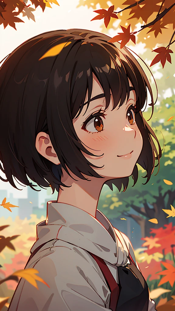 1girl、Shiny black hair、Short Bob Cut、calm and calm look、smile、profile、Face close-up、Perfect lighting、Autumnal leaves々、Momiji Park、Background Blur, Written boundary depth