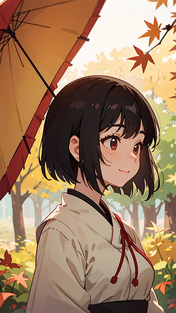1girl、Shiny black hair、Short Bob Cut、calm and calm look、smile、profile、Face close-up、Perfect lighting、Autumnal leaves々、Momiji Park、Background Blur, Written boundary depth