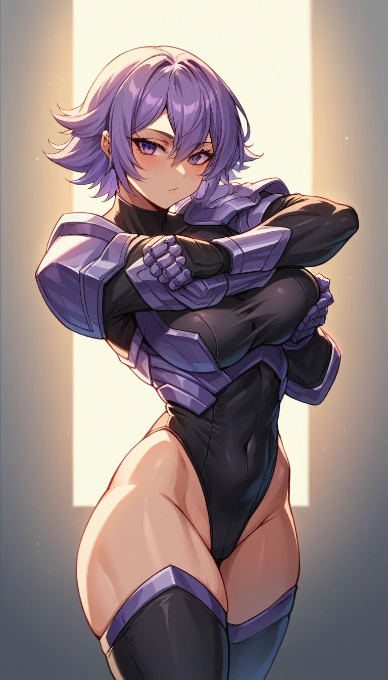 solo,female humanoid,hug breasts,fitness,black suit,leotard undr clothes,(hip vent),revealing hipr,multicolor trim,rgb,perfect lighting,standing,crystal trimmed,trims on armor,(purple trim detail:1.2)dynamic,seductive,NSFW