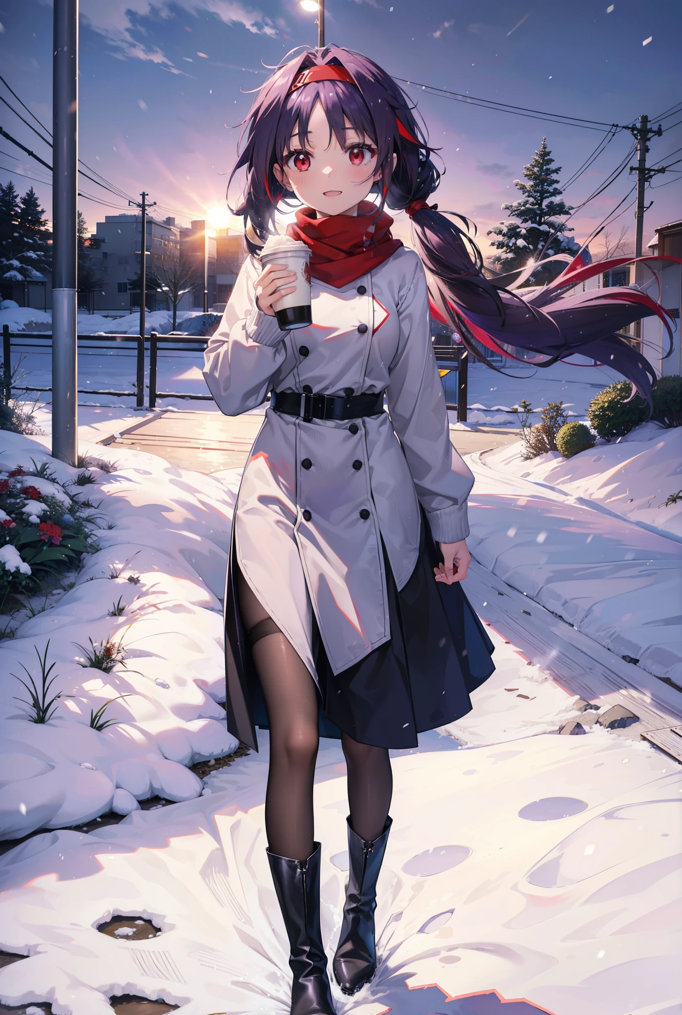 yuukikonno, Konno Yuuki, Long Hair, Pointed Ears, Purple Hair, (Red eyes:1.5), (Small breasts:1.2), Open your mouth,happy smile, smile, Open your mouth,hair band,low twin tail,Red Scarf,Oversized purple sweater,Black pantyhose,Long skirt,short boots,Holding a paper cup of coffee in both hands,Walking,snowが降っている,snowが降り積もっている,snow,snow,snow,snow,snowが積もった木,winter,Cold Sky,night,whole bodyがイラストに入るように,
break looking at viewer,  whole body,
break outdoors, garden,
break (masterpiece:1.2), Highest quality, High resolution, unity 8k wallpaper, (figure:0.8), (Beautiful attention to detail:1.6), Highly detailed face, Perfect lighting, Highly detailed CG, (Perfect hands, Perfect Anatomy),