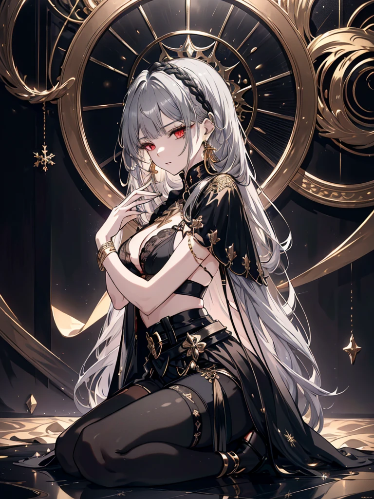 8k,High resolution RAW color art, Anime Art,Silver Marble Skin, (((Highly detailed elegant))), Detailed skin, texture,(Exquisitely crafted, The finer details, Ultra-detailed art), (((1 girl))), Depth of written boundary, Silky Touch, Hyper Detail, (((Cool face))), eye shadow、Armed women, Beautiful detailed red eyes, Beautiful lip detail, Highly detailed face, Delicate depiction of hair and eyes, Detailed Fashion, Golden Earrings,Full body depiction, Black half-top bra、Black shorts、Waist Cloak、black tights、Golden decoration, Gray Hair, Golden bracelet, Straight Hair、(((Hair)))、moonlight、Calm background、(((Black theme)))、Snowflake background、Side view、Kneeling