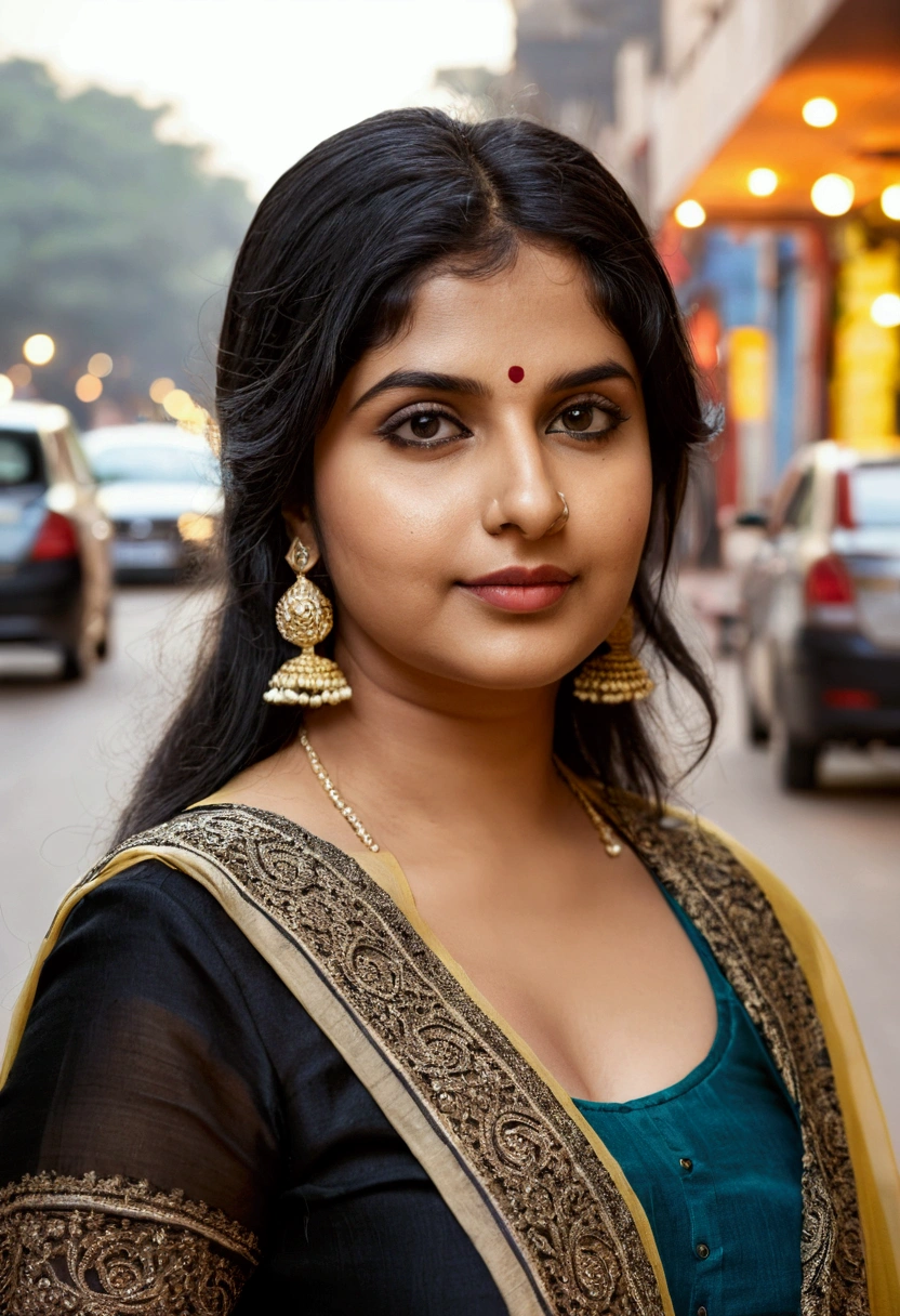 (((desi girl))), chubby face, natural skin, wearing hot deep neck top and dupatta, charming black hair, ((hair ends are blonde)), city streets background, bokeh