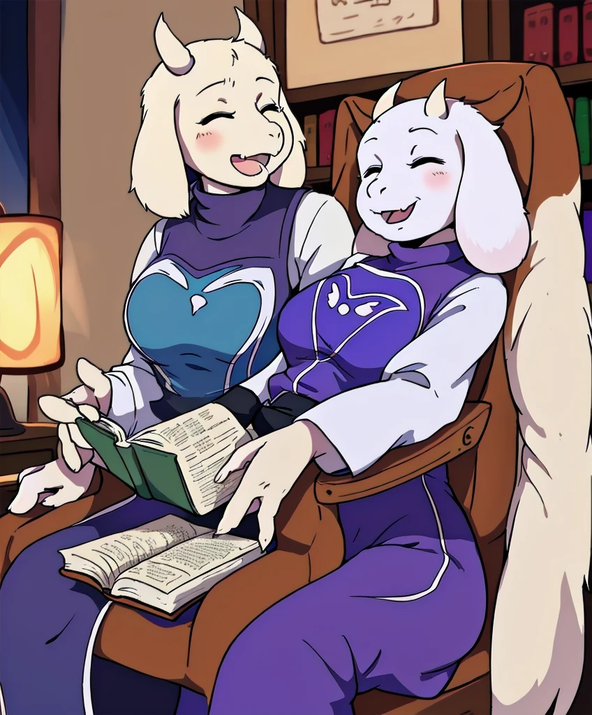 toriel, 1girl, book, chair, closed_eyes, furry, furry_female, goat_ears, goat_girl, indoors, open_mouth, smile, solo