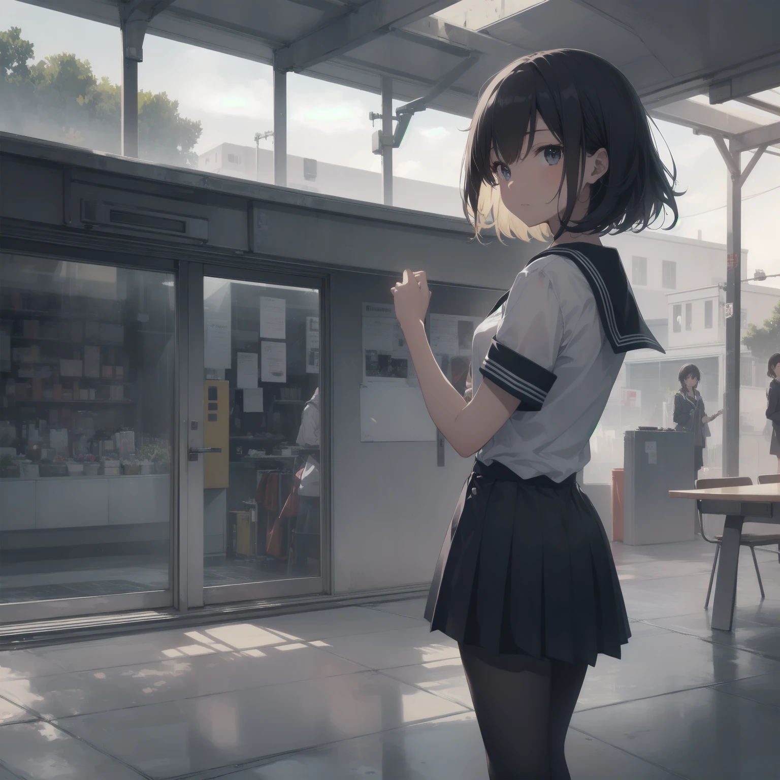 ultra-absurdres-Top quality by artist God, ultra-detailed, high resolution, anime moe artstyle, best anime 8k konachan wallpaper, pixiv contest winner, pool:2810, perfect anatomy,break, 1girl, (Please draw a girl walking sleepily to school alone. )break,(Solo,little female, 13-year-old:1.3),Full limbs, complete fingers,a junior high school student, (very short hair), short cut, flat chest, , small butt, small black eyes, beautiful detailed eyes, well-proportioned iris and pupils, expressive eyes, highres detailed hair, soft expression, salor school_uniform, sailor collar, serahuku, bow, pleated skirt,(Detailed Lighting), (Detailed background), in the School commute route. break,super detailed skin, Best cinematic lighting powered by famous artist, 8k,beauty illustration,photoshop_(medium),very aesthetic,break,((artist:yuuhagi_(amaretto-no-natsu) )), artist:clamp ,artist:carnelian ,artist:kantoku ,