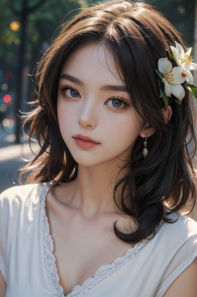(8k, Highest quality, masterpiece:1.2),(Highest quality:1.2), (Ultra-high resolution:1.0), watercolor, Beautiful woman, shoulder, Hair Ribbon, Agnes Cecil, Half Body Portrait, Very bright and luminous design, pastel colour, (ink:1.3), Autumn Light,Large Breasts