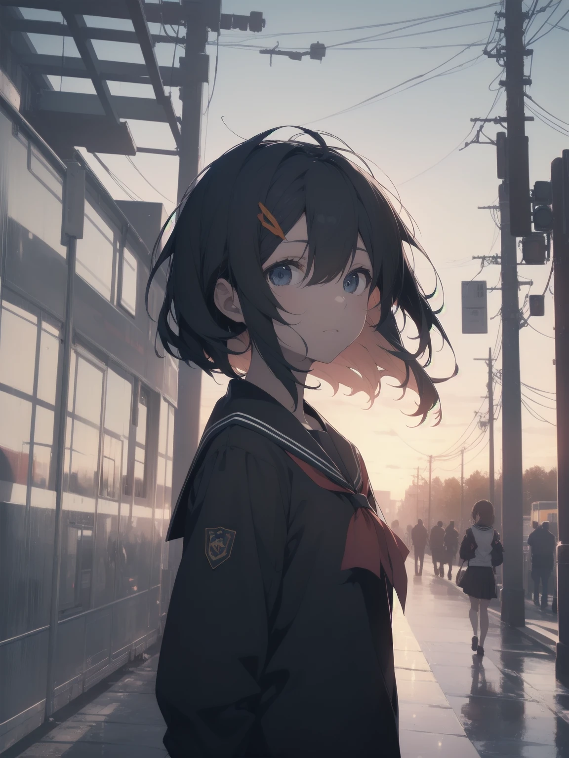 ultra-absurdres-Top quality by artist God, ultra-detailed, high resolution, anime moe artstyle, best anime 8k konachan wallpaper, pixiv contest winner, pool:2810, perfect anatomy,break, 1girl, (Please draw a girl walking sleepily to school alone. )break,(Solo,little female, :1.3),Full limbs, complete fingers,a junior high school student, (very short hair), short cut, flat chest, , small butt, smallck eyes, beautiful detailed eyes, well-proportioned iris and pupils, expressive eyes, highres detailed hair, soft expression, salor school_uniform, sailor collar, serahuku, bow, pleated skirt,(Detailed Lighting), (Detailed background), in the School commute route. break,super detailed skin, Best cinematic lighting powered by famous artist, 8k,beauty illustration,photoshop_(medium),very aesthetic,break,((artist:yuuhagi_(amaretto-no-natsu) )), artist:clamp ,artist:carnelian ,artist:kantoku ,
