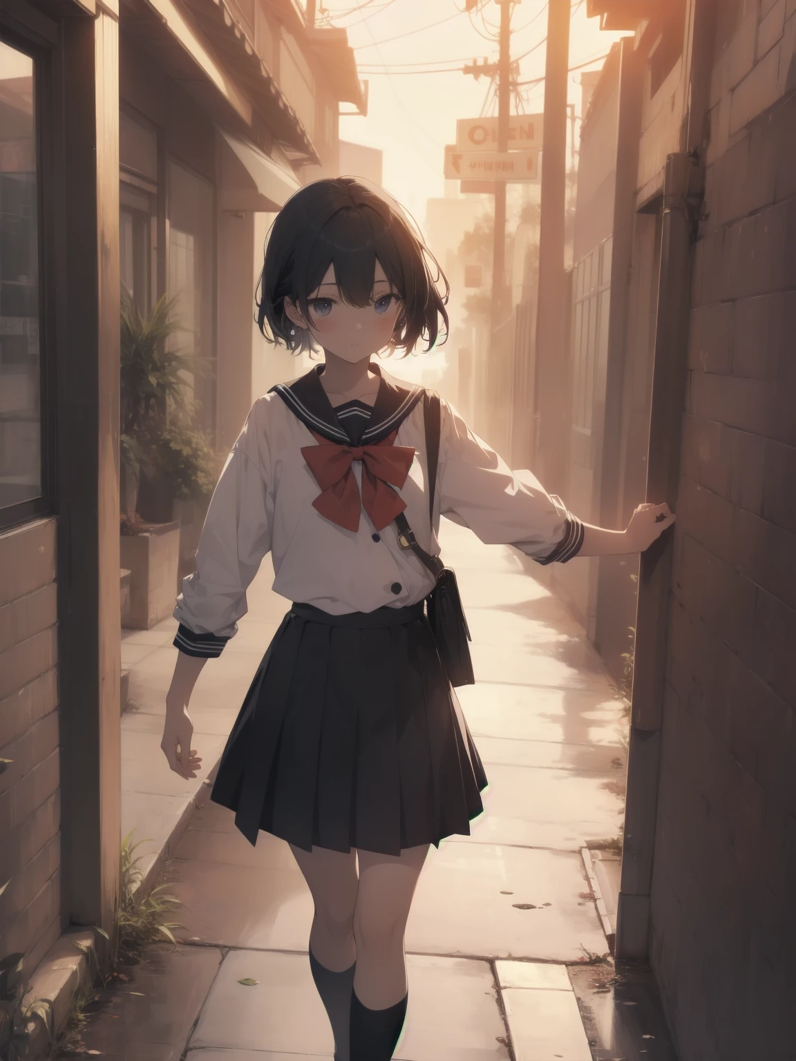 ultra-absurdres-Top quality by artist God, ultra-detailed, high resolution, anime moe artstyle, best anime 8k konachan wallpaper, pixiv contest winner, pool:2810, perfect anatomy,break, 1girl, (Please draw a girl walking sleepily to school alone. )break,(Solo,little female, 13-year-old:1.3),Full limbs, complete fingers,a junior high school student, (very short hair), short cut, flat chest, , small butt, small black eyes, beautiful detailed eyes, well-proportioned iris and pupils, expressive eyes, highres detailed hair, soft expression, salor school_uniform, sailor collar, serahuku, bow, pleated skirt,(Detailed Lighting), (Detailed background), in the School commute route. break,super detailed skin, Best cinematic lighting powered by famous artist, 8k,beauty illustration,photoshop_(medium),very aesthetic,break,((artist:yuuhagi_(amaretto-no-natsu) )), artist:clamp ,artist:carnelian ,artist:kantoku ,