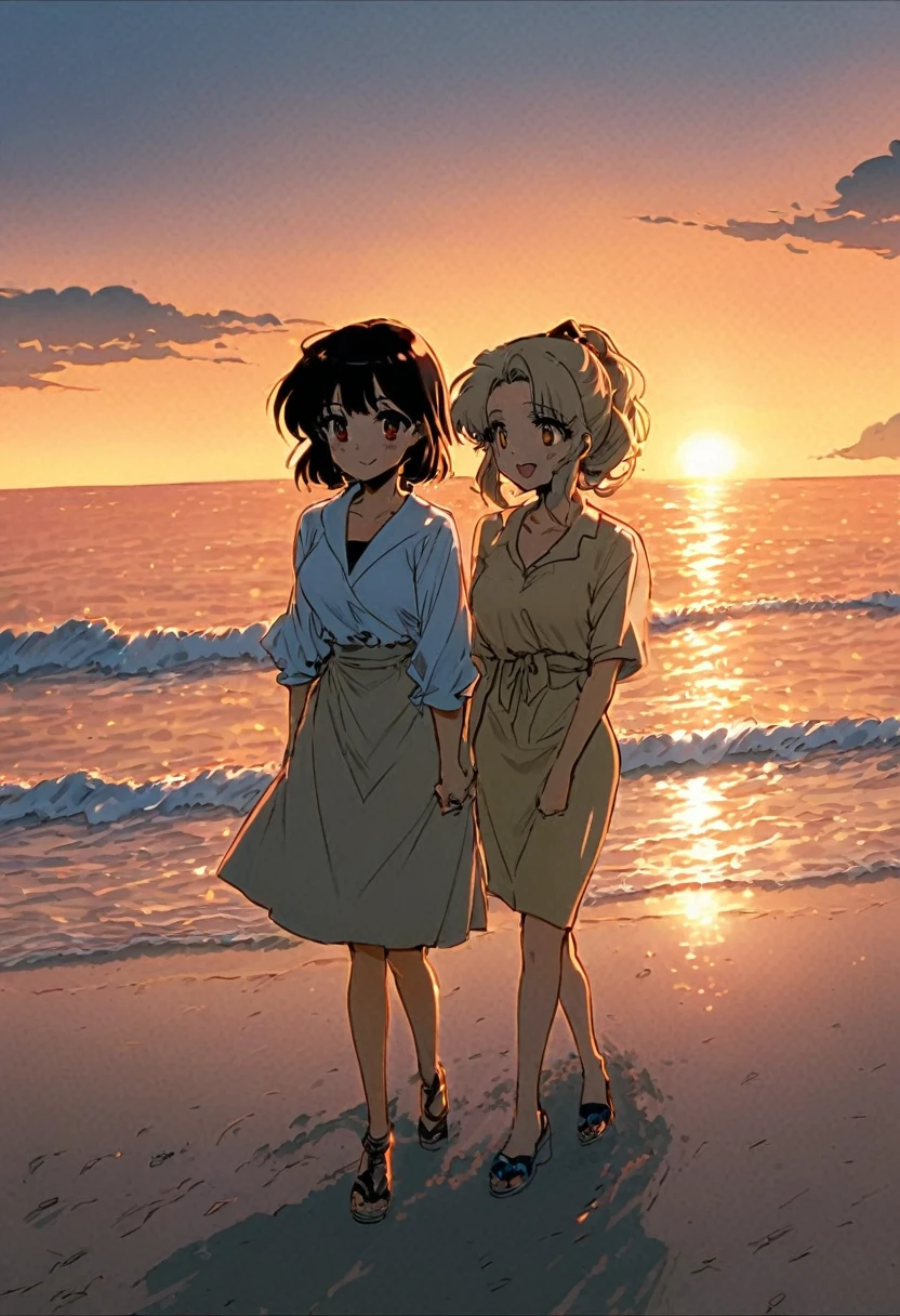 Two young adult South Korean women with height differences. The oldest in her 28 years with her black hair and shorter height and the youngest with her 24 years blonde and Tha height.  Embraced on the shore between sand and sea, they smile like a couple in love while the orange sunset sun illuminates their faces, which are enveloped by the beige colors of the sunset.