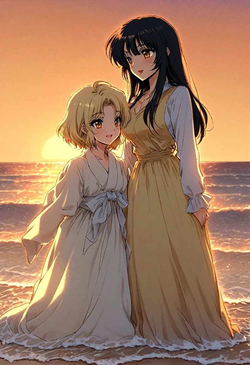 Two young adult South Korean women with height differences. The oldest in her 28 years with her black hair and shorter height and the youngest with her 24 years blonde and Tha height.  Embraced on the shore between sand and sea, they smile like a couple in love while the orange sunset sun illuminates their faces, which are enveloped by the beige colors of the sunset.