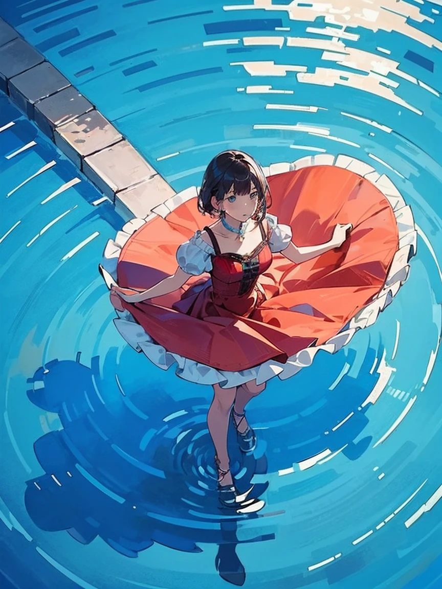 Standing on still water, ((from above:1.5)), From above, Overlooking、Woman dancing in a dress、Bottom Fish, Lots of aquatic life, Pool, Fish shadow
