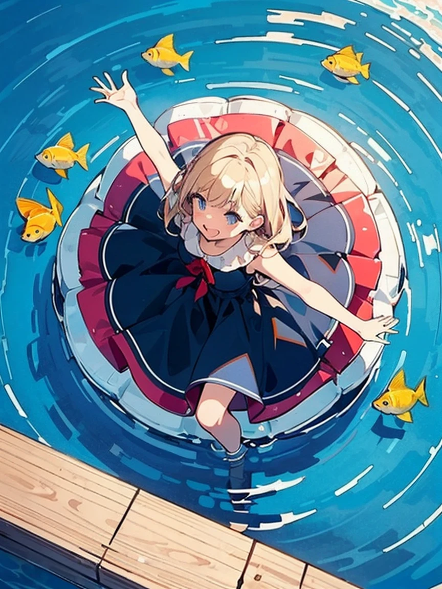 One Girl, smile, blonde、Red hair ribbon、whole body、 Primary school students、Blue Uniform、Blue long skirt、Hands raised、Lift your legs、(Pulling on skirt)、Drowning in the sea、Splash art anime、Embarrassed face、Water Play、Photographed while submerged in the sea、(The skirt spreads out on the water)、cute、blush、White children's panties、(Skirt rolled up:1.3)、Laughter、I'm surprised that the water is cold、(Clothes get wet and become transparent:1.1)、Tentacle Sex