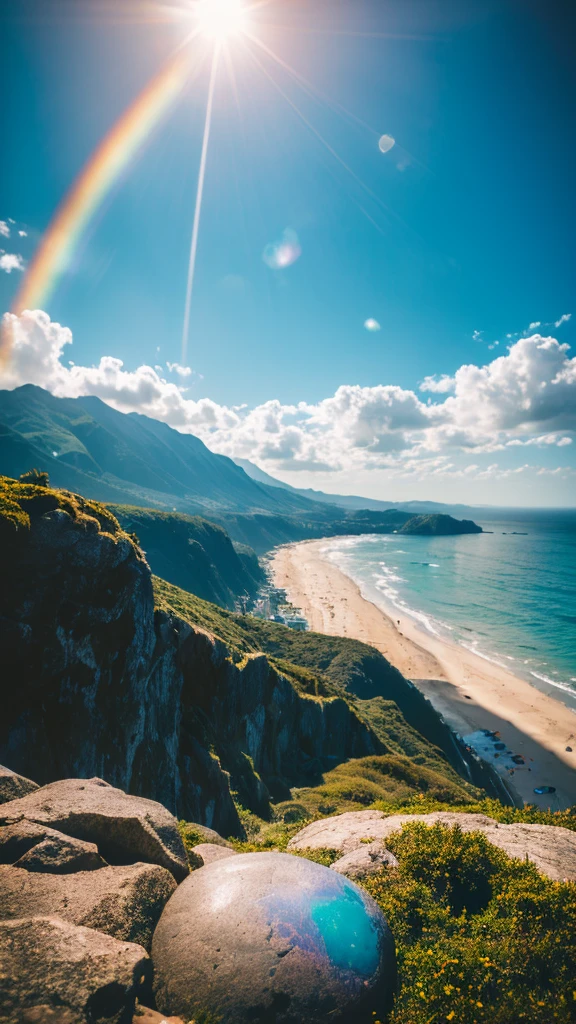 there is a rainbow in the sky over a beach with rocks and pebbles, seashore, Alpine Forest Landscape Photo,Steep mountain roads,Clear and transparent lake,wood,Bushes,Fallen leaves,Dawn Sun,Kasumi,Cliffs and mountains,Dilapidated,Lonely,cold,Foggy sky,Not a dazzling morning sun,Nightmare vision,Dark fantasy plot,Perfect and excellent composition,8k resolution,detailed,restricted,close ultra-wide angle shot,Realistic,Beautiful sky,Colorful clouds float,True to life, The private parts are clearly visible, Perfect perfection, Digital single-lens reflex camera, 1024, 2048, 4096, detailedな, sharp, Best Quality, high quality, Absurd,Unattended background,Very detailed、detailedな照明の影,Art Station Trends、Complex、expensivedetailed、dramatic、(Volumetric Lighting:1.2)HDR shot。(close,Super Depth of Field,Ultra Wide Angle,Microfocal Lenses:1.2)(Realistic:1.4)Masterpiece、expensive、expensive品質、beautiful photo,Global illumination magical beach, sunny rainbow galaxy stormy sea, by Igor Grabar, colorful hd picure, near the seashore, rainbow reflections, just one rainbow 8 k, beach landscape, still of rainbow ophanim, calm vivid colors, by Marie Bashkirtseff, beautiful beach