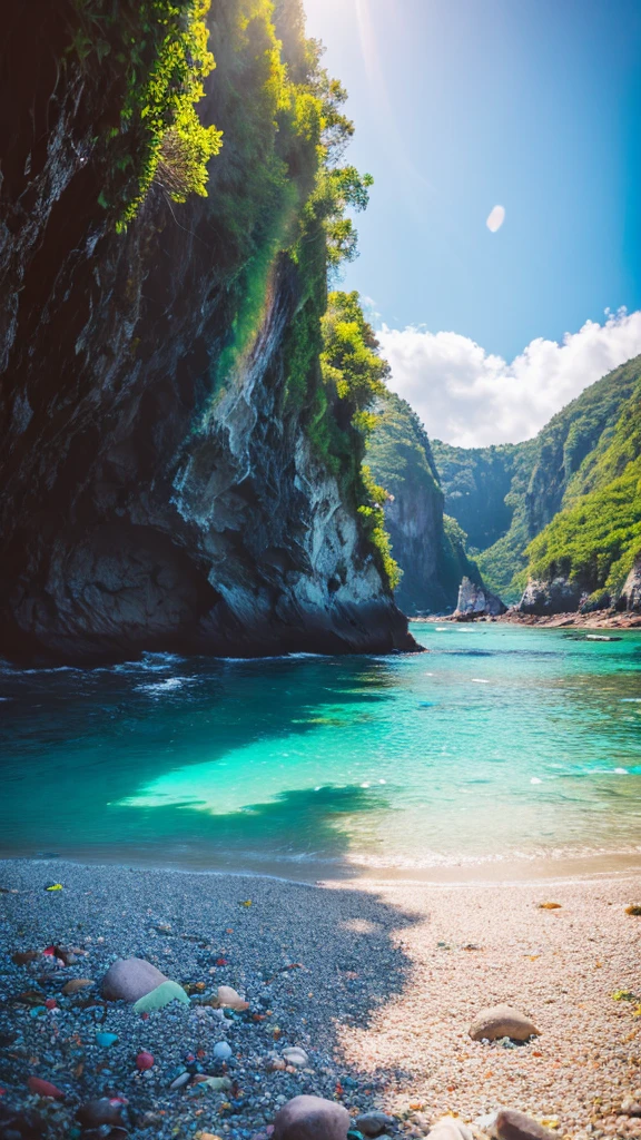 there is a rainbow in the sky over a beach with rocks and pebbles, seashore, Alpine Forest Landscape Photo,Steep mountain roads,Clear and transparent lake,wood,Bushes,Fallen leaves,Dawn Sun,Kasumi,Cliffs and mountains,Dilapidated,Lonely,cold,Foggy sky,Not a dazzling morning sun,Nightmare vision,Dark fantasy plot,Perfect and excellent composition,8k resolution,detailed,restricted,close ultra-wide angle shot,Realistic,Beautiful sky,Colorful clouds float,True to life, The private parts are clearly visible, Perfect perfection, Digital single-lens reflex camera, 1024, 2048, 4096, detailedな, sharp, Best Quality, high quality, Absurd,Unattended background,Very detailed、detailedな照明の影,Art Station Trends、Complex、expensivedetailed、dramatic、(Volumetric Lighting:1.2)HDR shot。(close,Super Depth of Field,Ultra Wide Angle,Microfocal Lenses:1.2)(Realistic:1.4)Masterpiece、expensive、expensive品質、beautiful photo,Global illumination magical beach, sunny rainbow galaxy stormy sea, by Igor Grabar, colorful hd picure, near the seashore, rainbow reflections, just one rainbow 8 k, beach landscape, still of rainbow ophanim, calm vivid colors, by Marie Bashkirtseff, beautiful beach