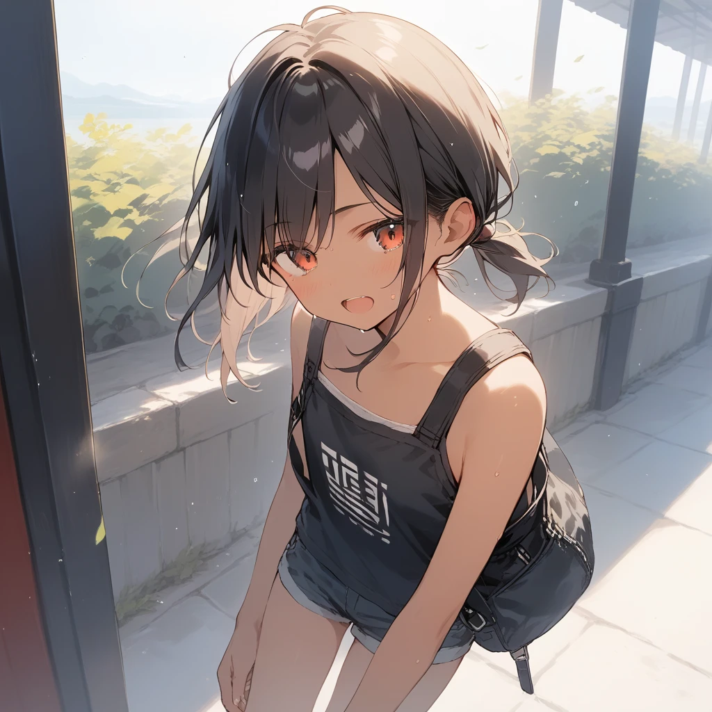 score_9, score_8_up, score_7_up, source_anime, best quality, masterpiece, official art, absurdres, highres, ultra-detailed,waifu2x,Collection: Slice of Life,break,1girl, tomboy, dark-skinned female, short hair, low ponytail, flat chest, beautiful detailed eyes, short shorts, sweat, open mouth, (yawn:0.3), sleepily, outdoors, wind,break,(clear line illustration:1.2), super detailed skin,very high resolution, very aesthetic, Best sexual lighting powered by famous artist, 8k,cute picture,beauty illustration,photoshop_(medium),,(Detailed Lighting),best anime 8k konachan wallpaper, pixiv contest winner,