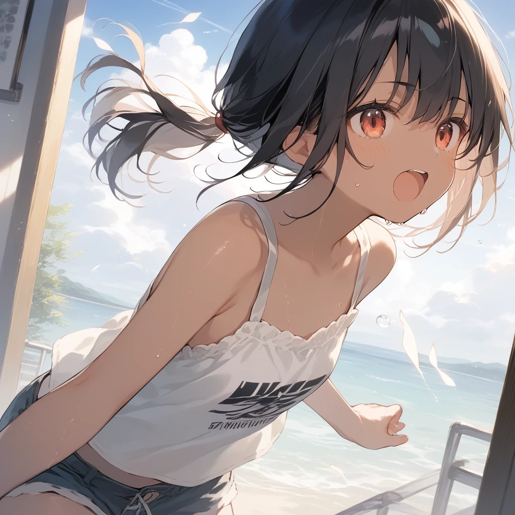 score_9, score_8_up, score_7_up, source_anime, best quality, masterpiece, official art, absurdres, highres, ultra-detailed,waifu2x,Collection: Slice of Life,break,1girl, tomboy, dark-skinned female, short hair, low ponytail, flat chest, beautiful detailed eyes, short shorts, sweat, open mouth, (yawn:0.3), sleepily, outdoors, wind,break,(clear line illustration:1.2), super detailed skin,very high resolution, very aesthetic, Best sexual lighting powered by famous artist, 8k,cute picture,beauty illustration,photoshop_(medium),,(Detailed Lighting),best anime 8k konachan wallpaper, pixiv contest winner, 