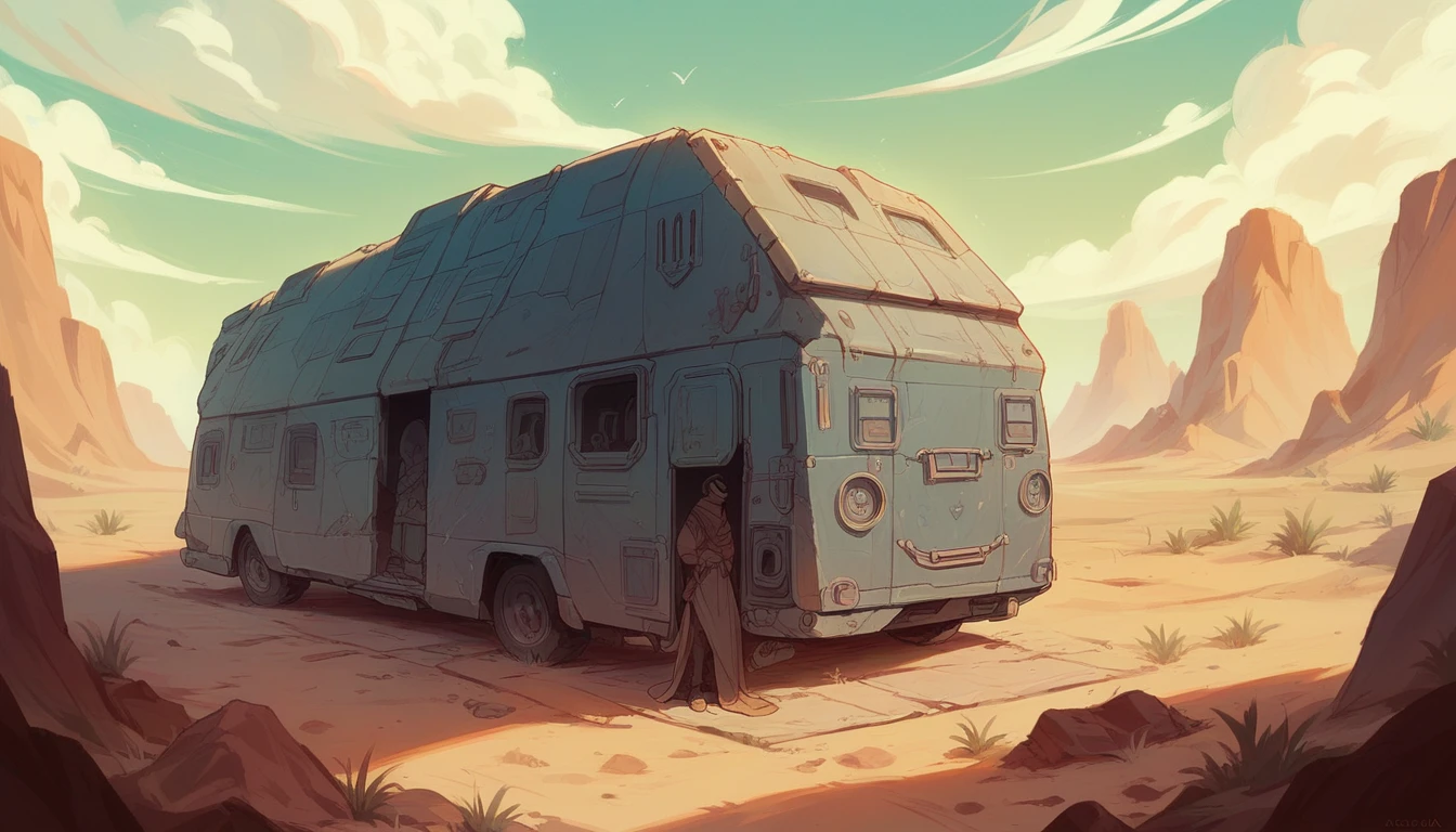 view from the back of an exhausted traveler in the desert standing on a hill and looking at a picturesque oasis, cinematic style, future digital art