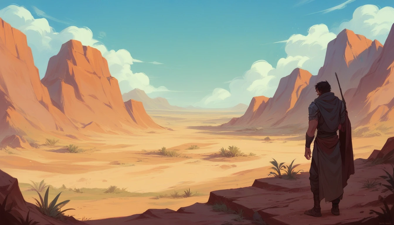 view from the back of an exhausted traveler in the desert standing on a hill and looking at a picturesque oasis, cinematic style, future digital art