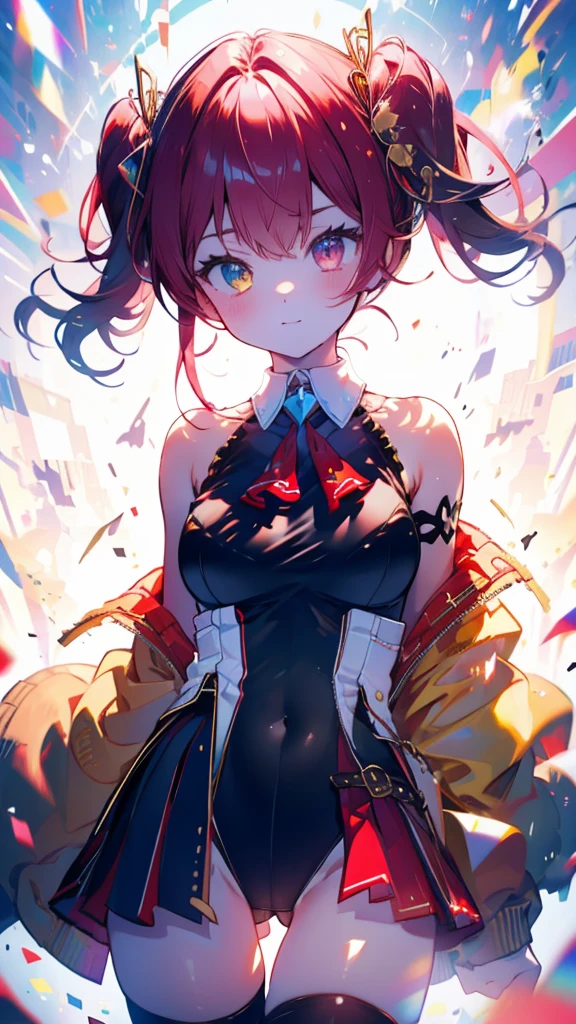 (Ultra-high resolution,masterpiece, Attention to detail, Highest quality), 8k,(bbmarine, twintails, heterochromia, red ascot, bare shoulders, red shirt, bare arms, sleeveless, see-through, (leotard under clothes:1.2), covered navel, belt, pleated skirt, red skirt, black thighhighs),(Blessed,Captivating body、Ultra-detailed skin、Super beautiful eyes、Detailed Background),One girl、 (enjoy :1.5),