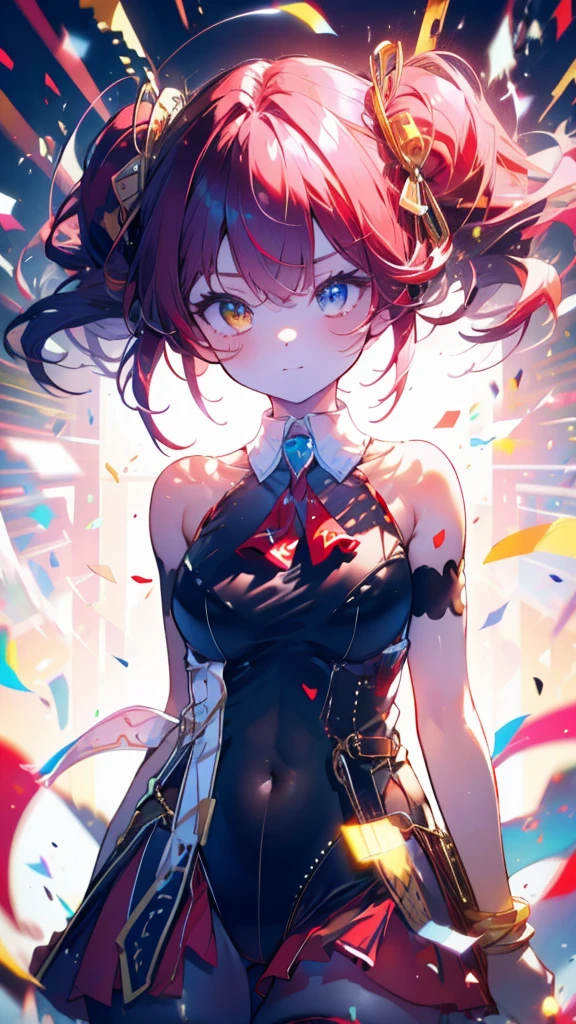 (Ultra-high resolution,masterpiece, Attention to detail, Highest quality), 8k,(bbmarine, twintails, heterochromia, red ascot, bare shoulders, red shirt, bare arms, sleeveless, see-through, (leotard under clothes:1.2), covered navel, belt, pleated skirt, red skirt, black thighhighs),(Blessed,Captivating body、Ultra-detailed skin、Super beautiful eyes、Detailed Background),One girl、 (enjoy :1.5),