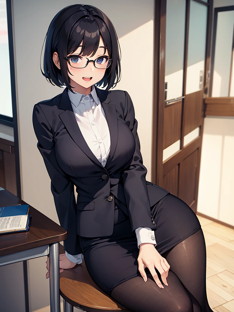 masterpiece, best quality, high definition images, atmospheric perspective, expressive eyes, perfect face, ultra detailed, solo, 1mature seductive woman sitting on desk, smile, pinup, sexy pose, alluring pose, female teacher, black short bob hair, simple glasses, business suit, jacket, blouse, pencil skirt, tight mini skirt, lifting skirt, black panties, curvy, thighs, pantyhose, high heals, spread legs, focus groin, open mouth, from below, in study room,