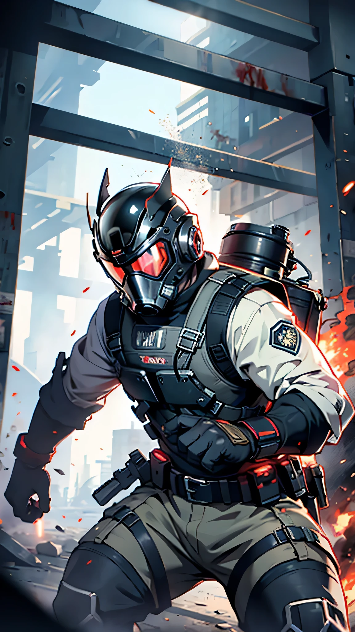 最high quality、Best image quality、masterpiece、male((humanoid、Railgun、Bulletproof vest、Jetpack、Red visor、Run、Assault rifle,Full of wounds,gas mask、Gold Color、Fighting Pose、Muscular,Blood splatter,Tattered)）high quality、Beautiful art、background((underground,Fighting the monsters)),Tabletop、Exquisite design、Visual Arts、Written boundary depth、Best lighting、The finest details、8ｋ