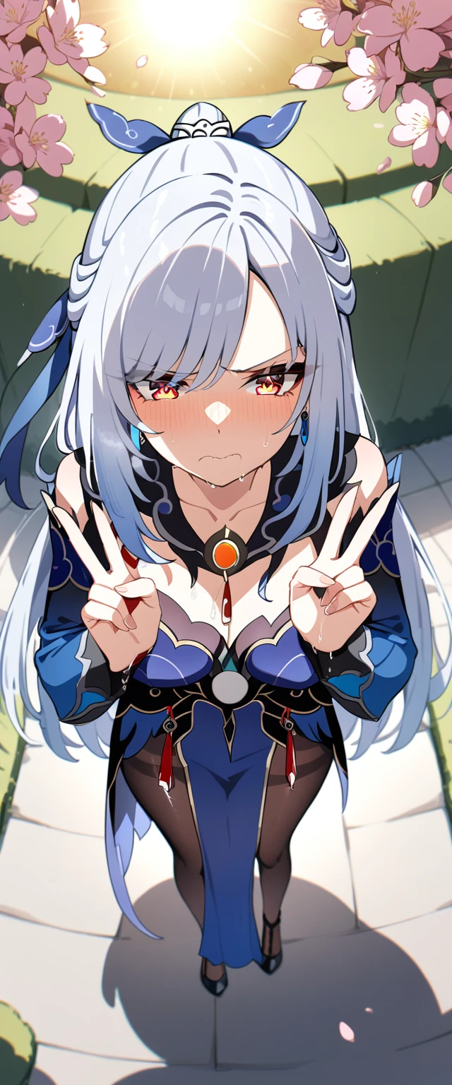 (masterpiece:1.37), best quality, (extremely detailed:1.37), (1girl:1.5), woman, (mature:1.5), (adult:1.5), jingliu, white hair, long hair, ponytail, hair ribbon, red eyes, earrings, jewelry, dress, pantyhose, (pelvic curtain:1.5), (extremely detailed eyes:1.37), (wetting self:2.0), desperation, (standing:1.75), embarrassed, humiliation, blushing, angry, cherry blossoms, garden, (golden hour:1.5), full body, (crossing legs:1.5), from above, (double peace sign:2.0)
