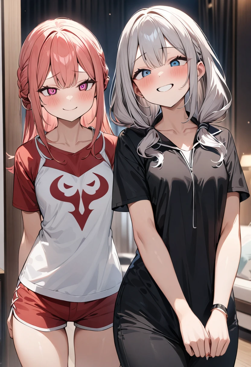 (masterpiece, top quality, very aesthetic, 4k、illustration), intricate detail, 2girls,Standing 、(cowboy shot)、 smile、()、
Cute 、Random Hair Color、,middle hair,sidelock ,,Random eyes Color、Casual attire、small breasts、Slim 、