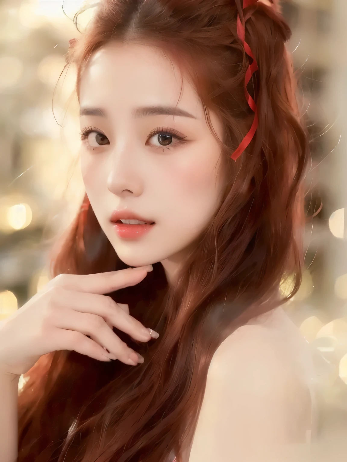 Close up of woman with long red hair and red ribbon, linda mulher sul-korean, maquiagem korean popular, maquiagem sul-korean popular, linda jovem korean,  korean, Best Face, linda jovem korean, Dilabba Dilmurat, high quality portrait, Please park from the minute, coral brown hair, Jinyoung Shin, Young lovely Korean face