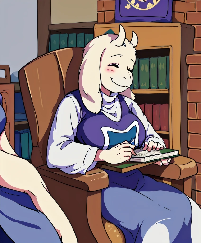 toriel, 1girl, book, chair, closed_eyes, furry, furry_female, goat_ears, goat_girl, indoors, smile, solo