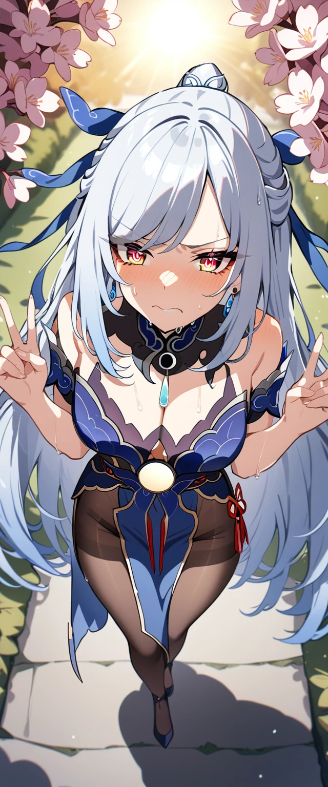 (masterpiece:1.37), best quality, (extremely detailed:1.37), (1girl:1.5), woman, (mature:1.5), (adult:1.5), jingliu, white hair, long hair, ponytail, hair ribbon, red eyes, earrings, jewelry, dress, pantyhose, (pelvic curtain:1.5), (extremely detailed eyes:1.37), (wetting self:2.0), desperation, (standing:1.75), embarrassed, humiliation, blushing, angry, cherry blossoms, garden, (golden hour:1.5), full body, (crossing legs:1.5), from above, (double peace sign:2.0)