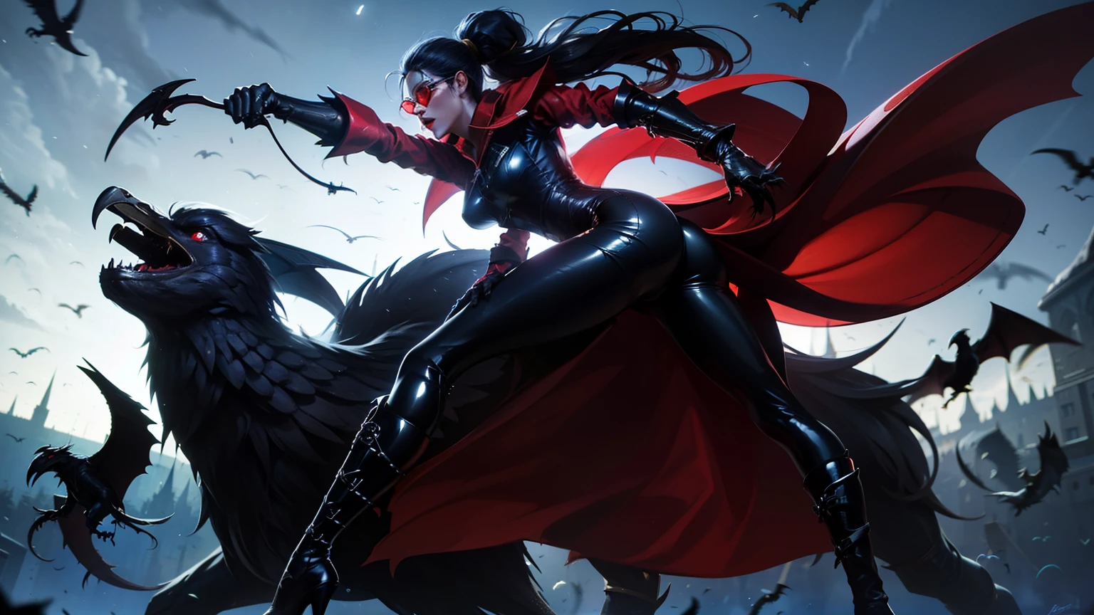 ((best quality)), ((masterpiece)), (detailed), 1girl, highest quality face, vayne, woman wearing black latex catsuit, with red cap, sunglasses with red glas, black hair with long ponytail, gloves, knee high red leather boots without heels, standing having a crossbow on her back, dark nightly background, ravens and bats flying