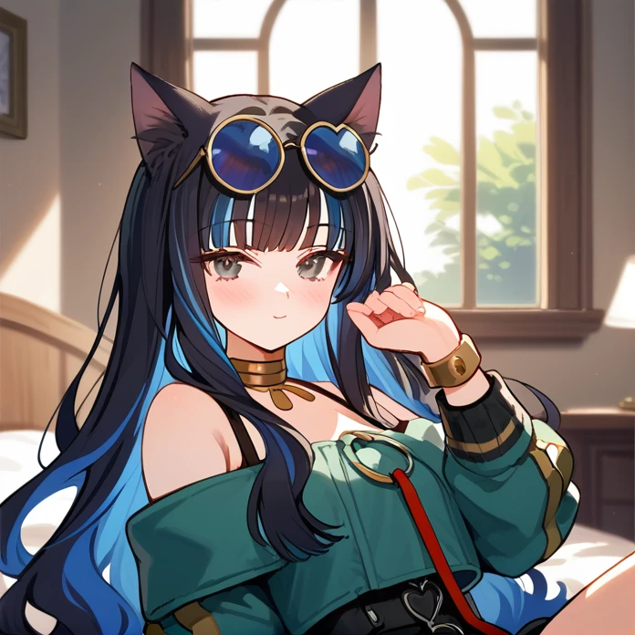 1girl, long hair, cat ears, black cat ears, portrait, heart eyes, multicolored hair, black hair, sidelocks, blue hair, wavy hair, eyeliner, jewelry, o-ring, neck ring, buttons, round sunglasses, glasses on head, bracelet, bare shoulders, green jacket, off shoulder, zipper, horny, closed mouth, looking at viewer, blush, indoors, bedroom, window, sunrays, hearts, masterpiece, score_9, score_8_up, score_7_up