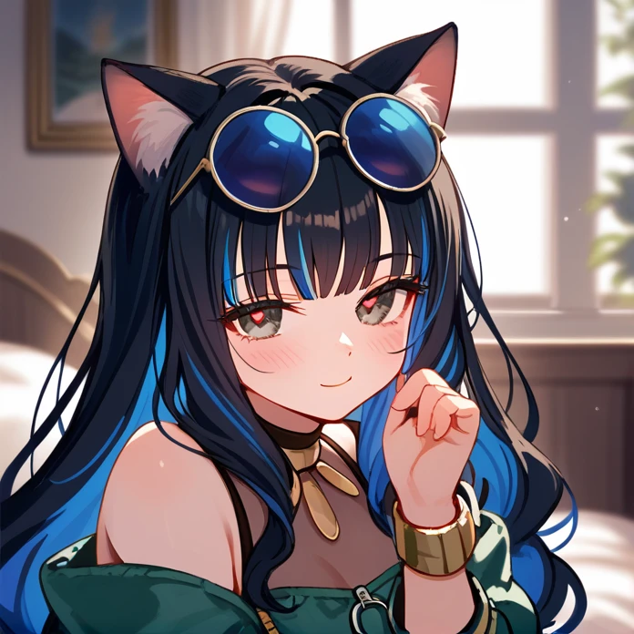 1girl, long hair, cat ears, black cat ears, portrait, heart eyes, multicolored hair, black hair, sidelocks, blue hair, wavy hair, eyeliner, jewelry, o-ring, neck ring, buttons, round sunglasses, glasses on head, bracelet, bare shoulders, green jacket, off shoulder, zipper, horny, closed mouth, looking at viewer, blush, indoors, bedroom, window, sunrays, hearts, masterpiece, score_9, score_8_up, score_7_up