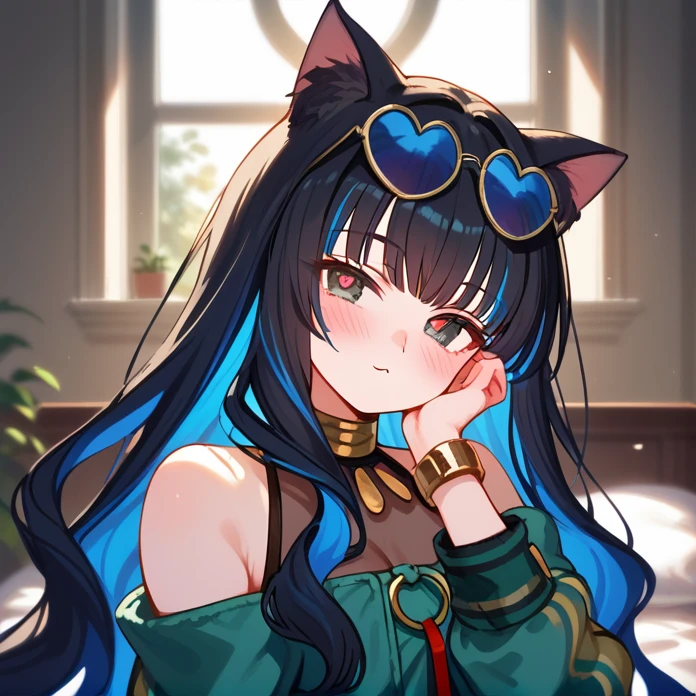 1girl, long hair, cat ears, black cat ears, portrait, heart eyes, multicolored hair, black hair, sidelocks, blue hair, wavy hair, eyeliner, jewelry, o-ring, neck ring, buttons, round sunglasses, glasses on head, bracelet, bare shoulders, green jacket, off shoulder, zipper, horny, closed mouth, looking at viewer, blush, indoors, bedroom, window, sunrays, hearts, masterpiece, score_9, score_8_up, score_7_up