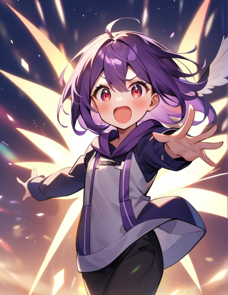 solo, Height 187cm、Young purple hair、Crimson eyes、Winged、Excited