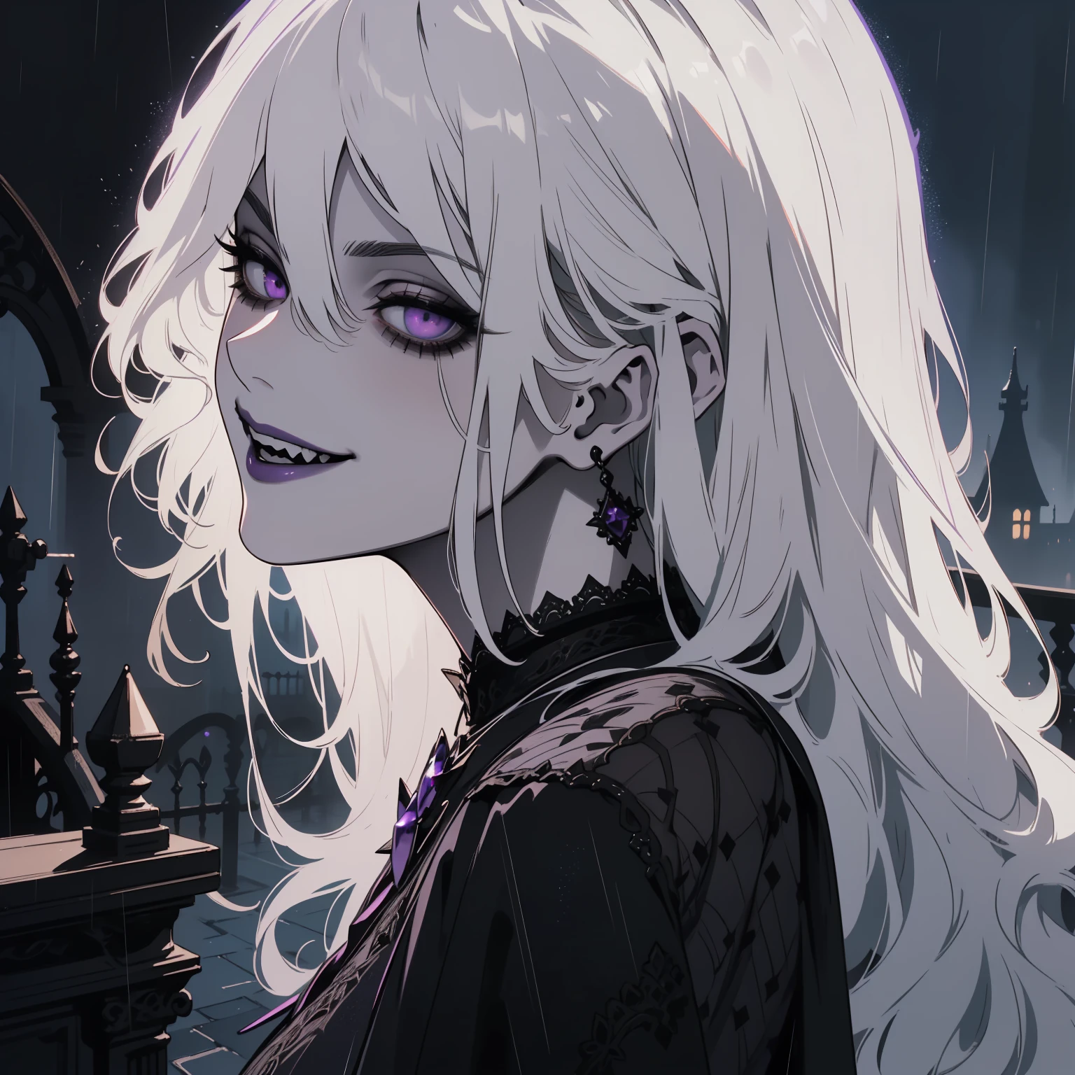 (outside, scary castle, rain, evening, soft light, The light is dim., Mood swings, horror \(Theme\), ), (Crazy details, Beautifully detailed face, Masterpiece, best quality), 1 girl, Devil Girl, mature woman, (white hair), amethyst colored eyes, Scary smile