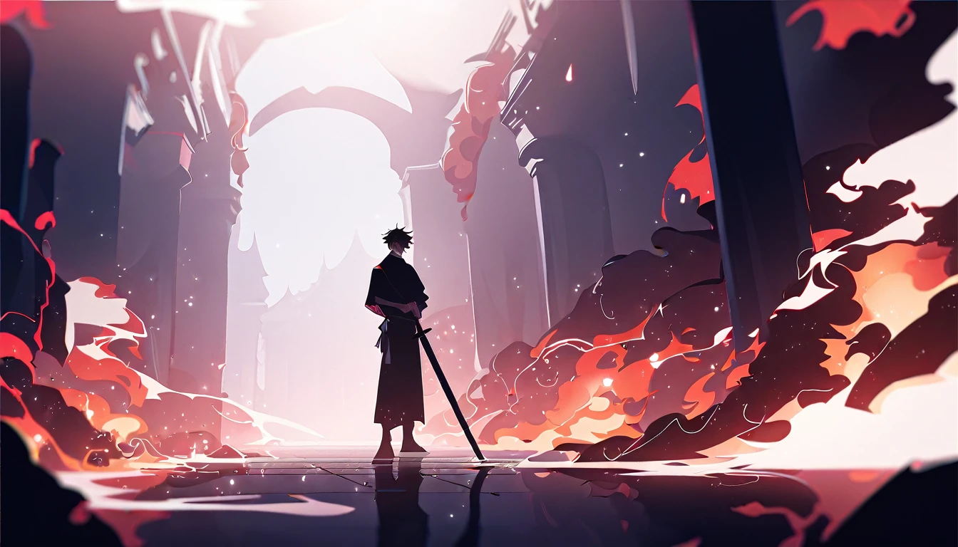 Burning palace. The fire engulfs the walls, smoke spreads across the floor. Liu XuanTian, wounded, holding his sword, stands opposite Lao, who looks at him with cold confidence.