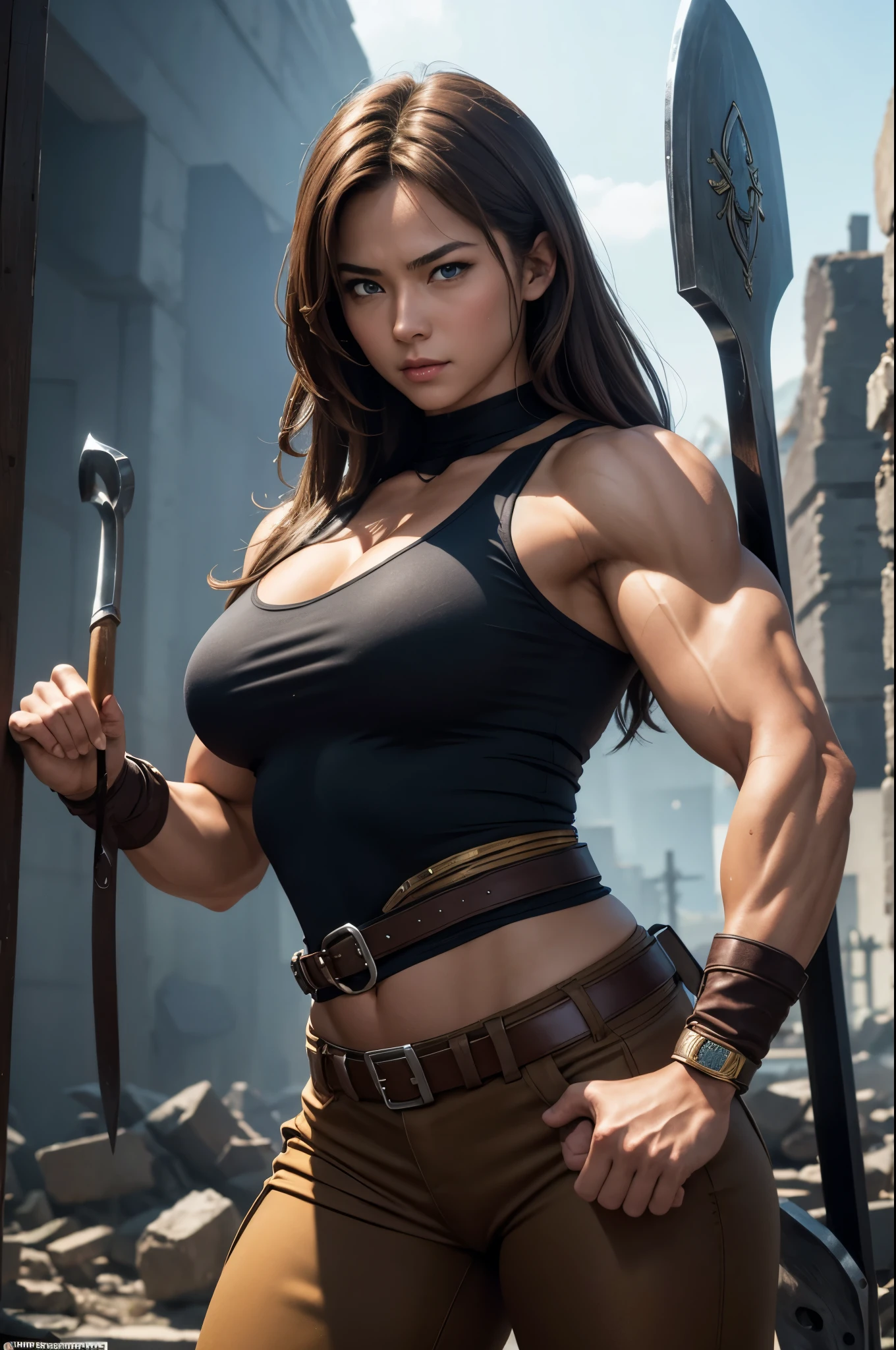 Realistic, 8k,ファンタジーのアラフェッドは茶色の胸鎧を着たGerman Womanの写真のPauseをとる,Super muscular body,　Women with fearless features(Lifelike face),　Super muscular and macho woman,　Brown-haired Helly Shorthair,　Super muscular macho man in brown pants and protectors,masterpiece、8k resolution、Fantasy art、Ultra-high resolution,,Mr..々Pause,charm,sexy,Rich colors, Backlight, Cinema Lighting, Film Grain, to be born, 50mm lens, Nikon D850,German Woman,Blue Eyes,Strong and thick muscles,ダイナミックなファイティングPause,Dynamic Angles,Uplifting,Like a female bodybuilder,Carry a large battle axe on your shoulder,In front of the ruins,