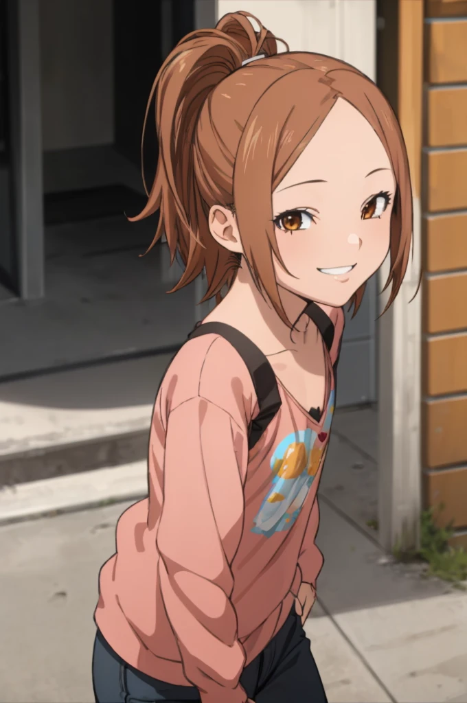 miyoshi kaya, light brown hair, high ponytail,orange eyes, parted bangs, forehead,
 1girl,solo,looking at viewer, ,evil smile,,,(spoken heart),,outdoor,flat chest,(casual outfit)