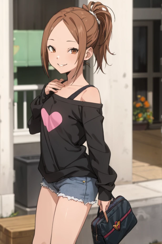 miyoshi kaya, light brown hair, high ponytail,orange eyes, parted bangs, forehead,
 1girl,solo,looking at viewer, ,evil smile,,,(spoken heart),,outdoor,flat chest,(casual outfit)