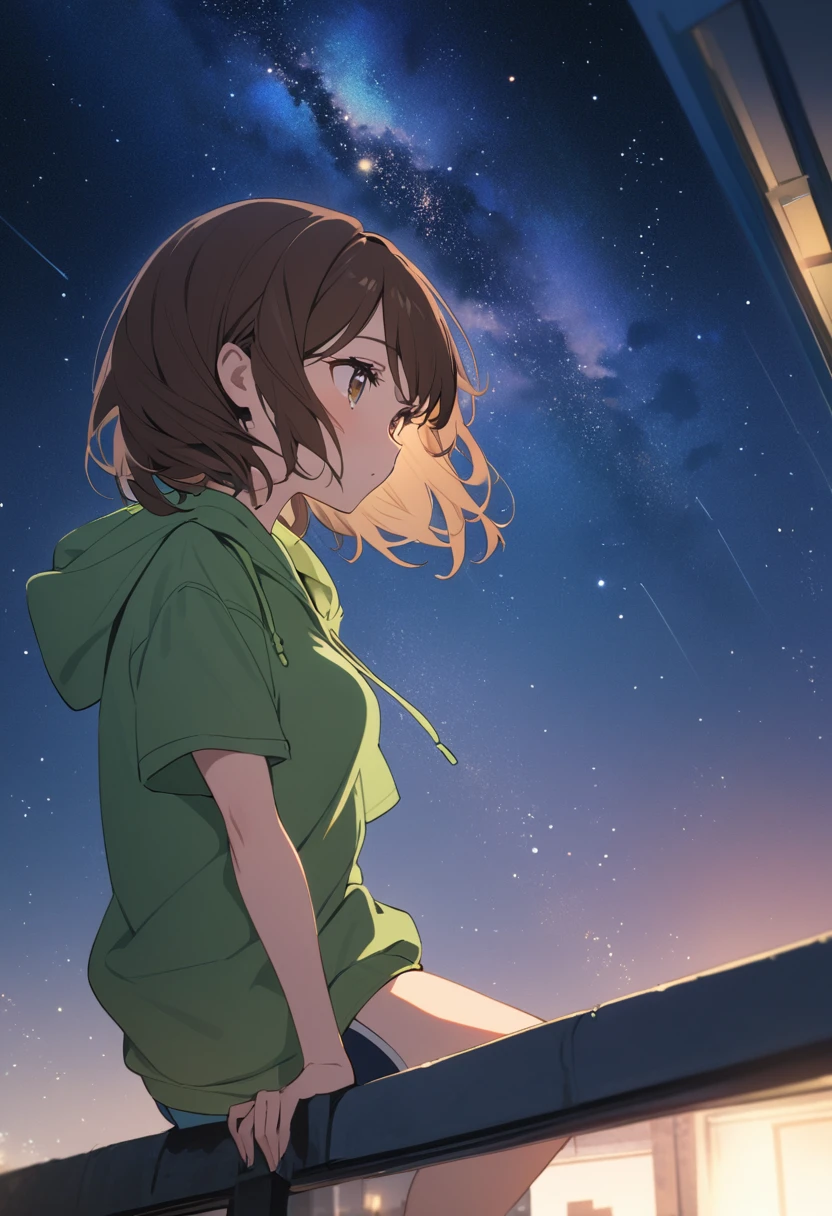 A girl with brown hair and hazel eyes wearing a green hoodie and shorts.
On the roof of an apartment looking at the stars.
