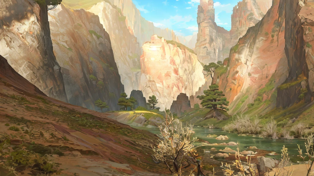 有一张canyon和一条小路的照片, canyon两边是巨大的岩石 和杂草 background, Detailed trees, Several pine trees surrounded by steep cliffs, Mountain area, Desert scenery, grassland, ps1 game scenery, 奇幻canyon, mysterious canyon streams, canyon, Mountain area环境, Detailed scenery, Distant forest, Forgotten valley, Green Cyrodiil Plains