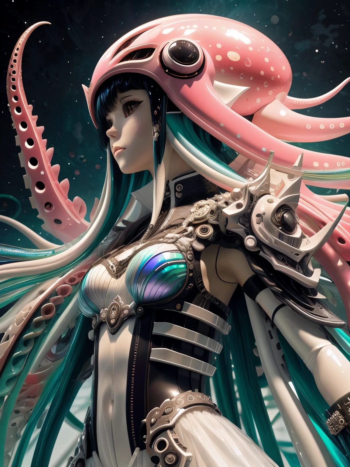 (high quality), (masterpiece), (detailed), 8K, Hyper-realistic digital art depicts (Japanese schoolgirl1.3) wearing an intricate (squid-inspired costume1.2) with (vibrant tentacle details1.2) and (shimmering iridescent scales1.2). Her (long black hair1.2) flows like the ocean, and her (bright brown eyes1.2) sparkle with a hint of mischief. In style of Hajime Sorayama, trending on Artstation.