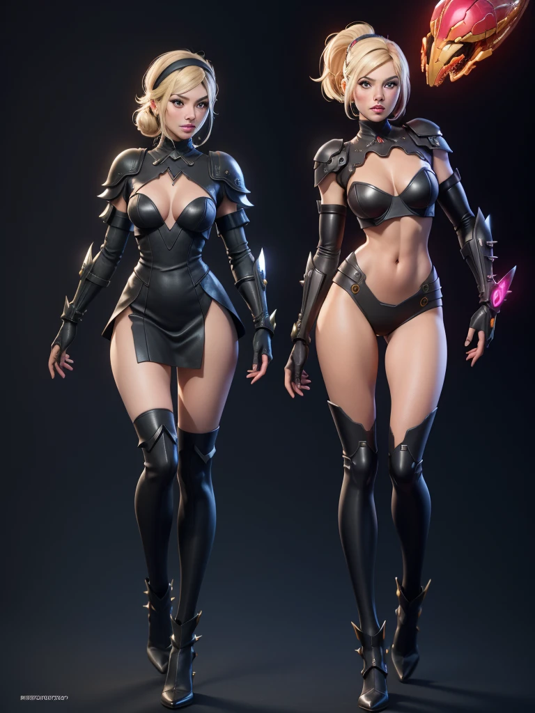 female character inspired by metroid, ((Metroid)),small, detailed textures, overlapping seams, sample seams, minute details, complex light, Waist slender,dark, spiked knee pads, knee pads with creases, shoulder pads rich in details, shoulder pads with red LED on the side, black and lilac, show full body, complex normal map, subsurface alta, detailed seams, detailed creases, opening on the sides, cyberpunk, General Vision, panoramic view of the character, Front and side view, detailed shadows, skin natural, occlusion environment, high subsurface, Detailed lighting, , large legs, beautiful legs, dark theme, details Intricate, single glove,face detailed, Exquisite face, pose action, lasers, bare smooth waist, well-defined flat belly, super detailed top, large ornaments, design imitating the curves of the body, head uncovered, wearing detailed metroid armor, beautiful and big breasts, armor overlapping the skin, (Nier Automata), show off your body completely, cropped, smooth lines, big chest, high-heels, cleavage over the breasts, futuristic greatsword, sword in hand,((Ultra-realistic skin)),((Metroid)),((futuristic and super detailed armor)),((ultra-detailed armor)),((well-marked creases)), skin natural, (big tits)