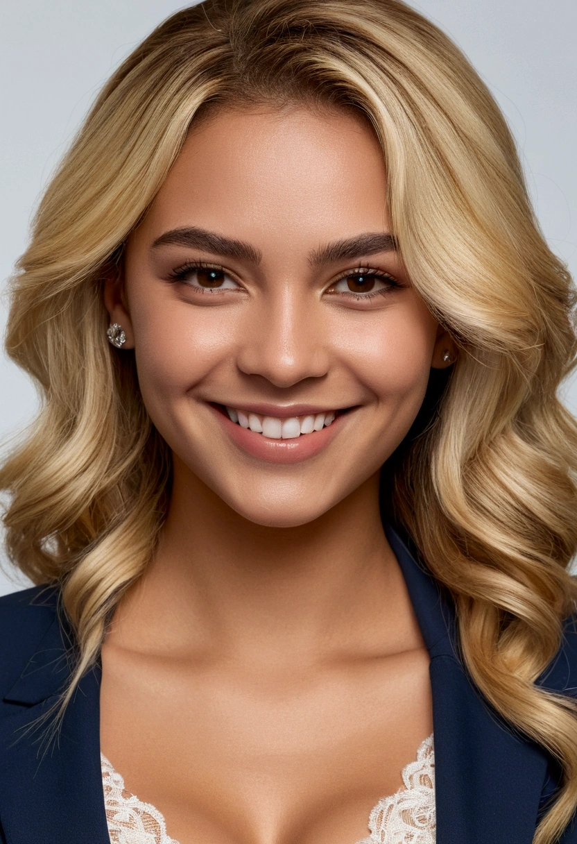 hyperrealistic photo of Brazilian woman&#39;s face, 18 years old, blonde, professional graphic designer, formal outfit, low-cut with big breasts, smiling sensually
