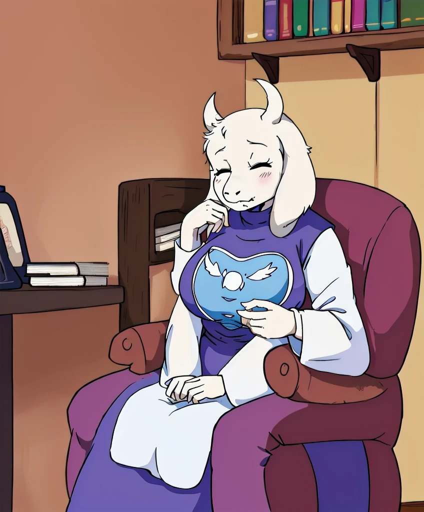 toriel, 1girl, book, chair, closed_eyes, furry, furry_female, goat_ears, goat_girl, indoors, shocked, solo