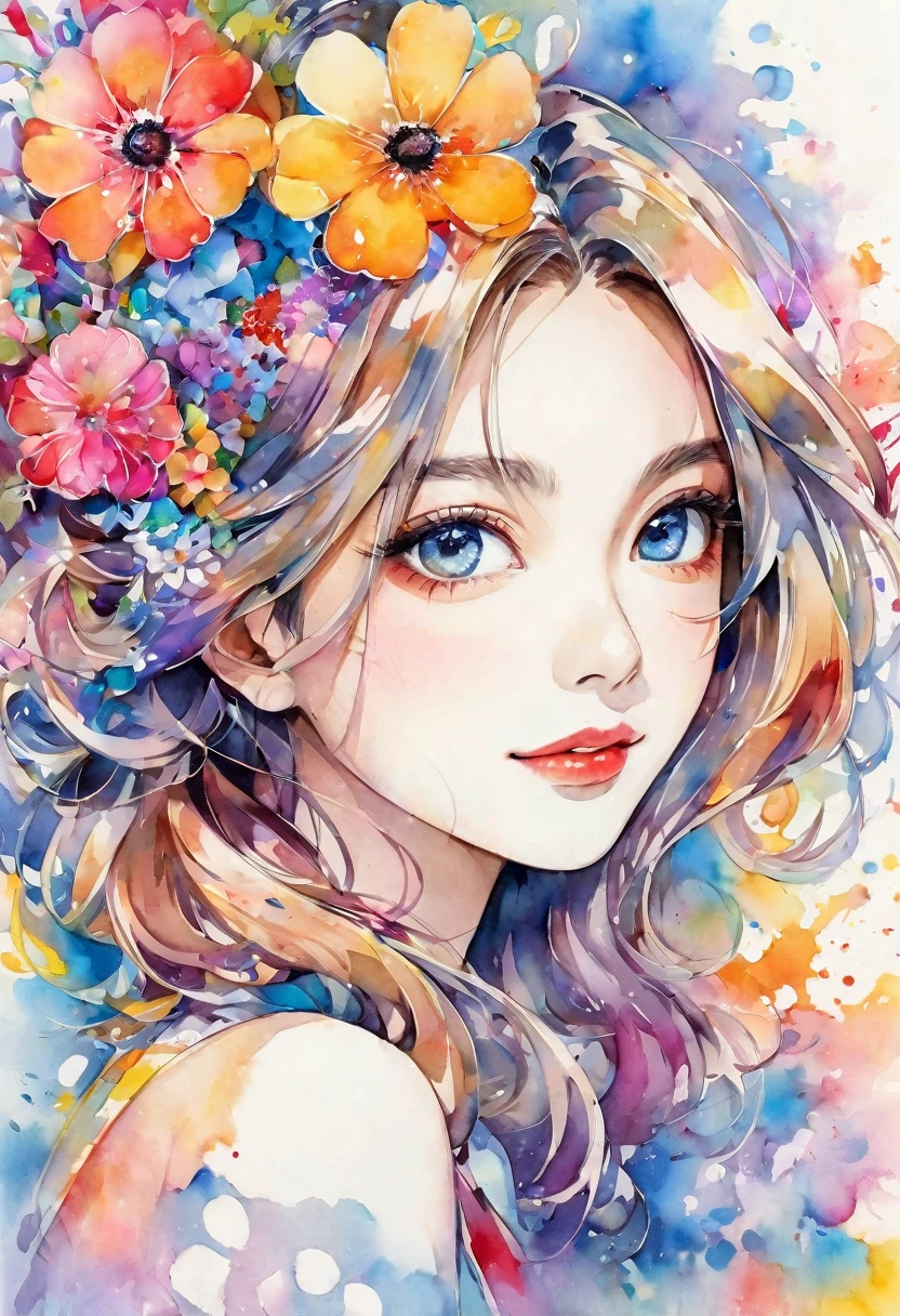 beautiful woman portrait, cute smile, Sylvia Pelissero watercolors, colorful flowers, beautiful eyes, upper body, abstract art, intense watercolor, watercolor detailed art, watercolor splash, surreal, avant-garde pop art, Beautiful and expressive paintings, Beautiful artwork illustration, very colorful tones, wonderful, cool beauty, highest quality, official art, women only, sharp outline, best shot, vector art, lips in love、 (((The strongest beautiful women of all time))), (((Japanese)))、clear, (((highest quality))), lips in love, HDR, ((Detailed details)), stylish fashion, detailed clothing texture, (((graffiti art))), colorful hair, ((masterpiece))、((Super detailed))