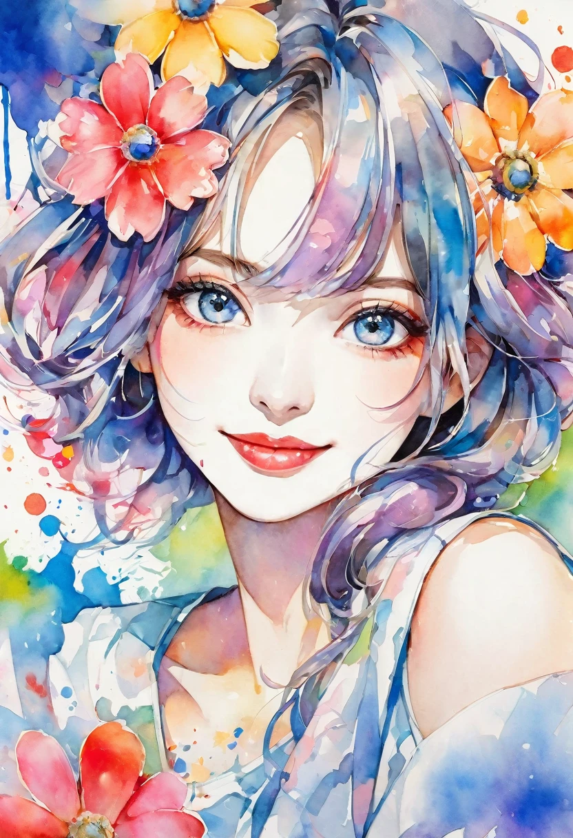 beautiful woman portrait, cute smile, Sylvia Pelissero watercolors, colorful flowers, beautiful eyes, upper body, abstract art, intense watercolor, watercolor detailed art, watercolor splash, surreal, avant-garde pop art, Beautiful and expressive paintings, Beautiful artwork illustration, very colorful tones, wonderful, cool beauty, highest quality, official art, women only, sharp outline, best shot, vector art, lips in love、 (((The strongest beautiful women of all time))), (((Japanese)))、clear, (((highest quality))), lips in love, HDR, ((Detailed details)), stylish fashion, detailed clothing texture, (((graffiti art))), colorful hair, ((masterpiece))、((Super detailed))