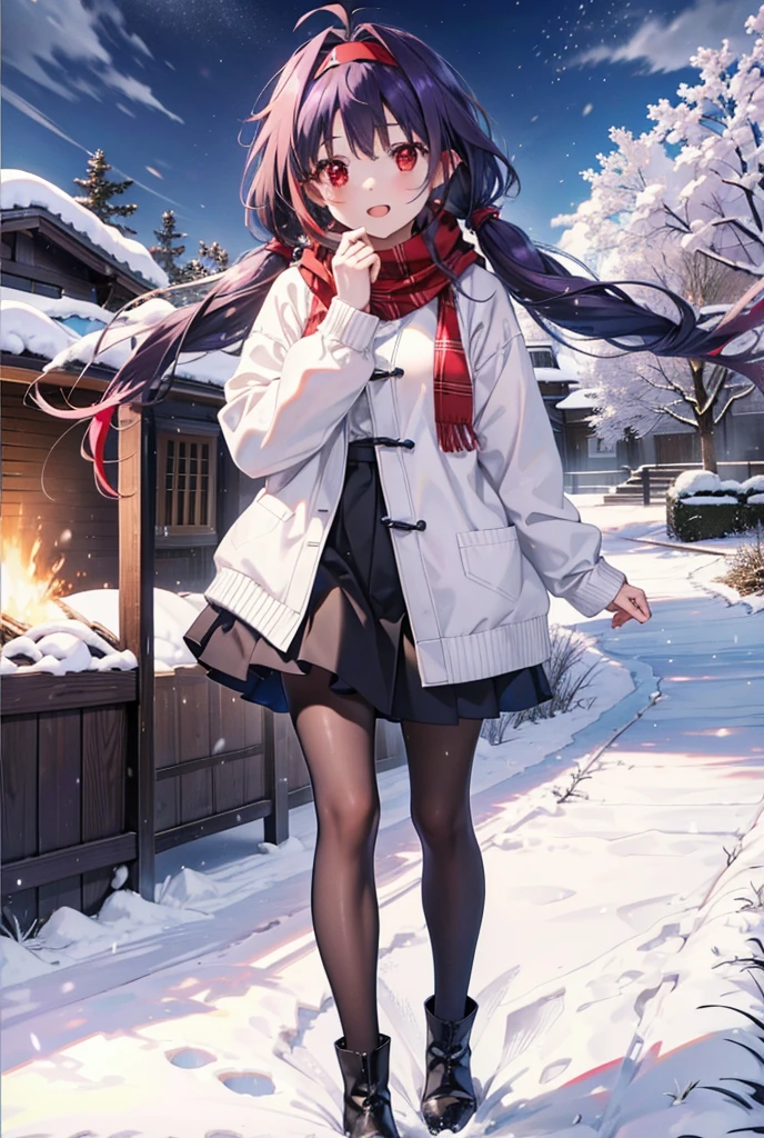 yuukikonno, Konno Yuuki, Long Hair, Pointed Ears, Purple Hair, (Red eyes:1.5), (Small breasts:1.2), Open your mouth,happy smile, smile, Open your mouth,hair band,low twin tail,Red Scarf,Oversized purple sweater,Black pantyhose,Long skirt,short boots,Holding a paper cup of coffee in both hands,Walking,snowが降っている,snowが降り積もっている,snow,snow,snow,snow,snowが積もった木,winter,Cold Sky,night,whole bodyがイラストに入るように,
break looking at viewer,  whole body,
break outdoors, garden,
break (masterpiece:1.2), Highest quality, High resolution, unity 8k wallpaper, (figure:0.8), (Beautiful attention to detail:1.6), Highly detailed face, Perfect lighting, Highly detailed CG, (Perfect hands, Perfect Anatomy),